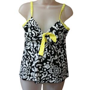 24th & Ocean Black White & Yellow Floral Tankini Swim Top LG